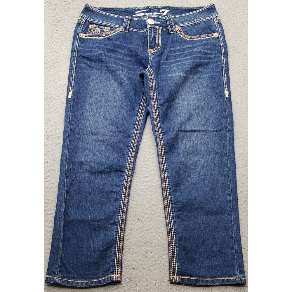 Seven7 Straight Leg Jeans Womens 30 Blue Stretch Thick Stitch Faded Whiskered